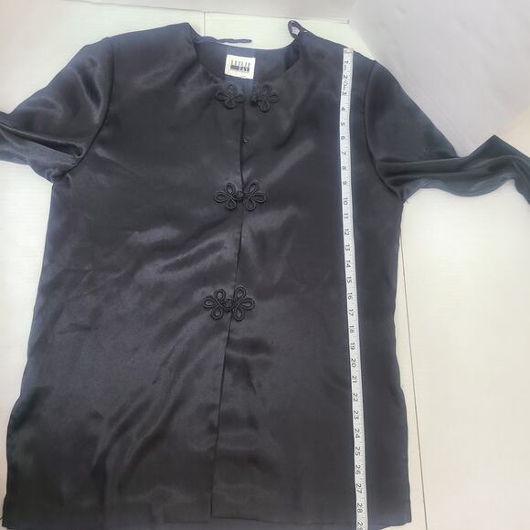Vintage Black Leslie Fay Blouse Sz 12 Silky Asian Inspired Buttons - Picture 8 of 9